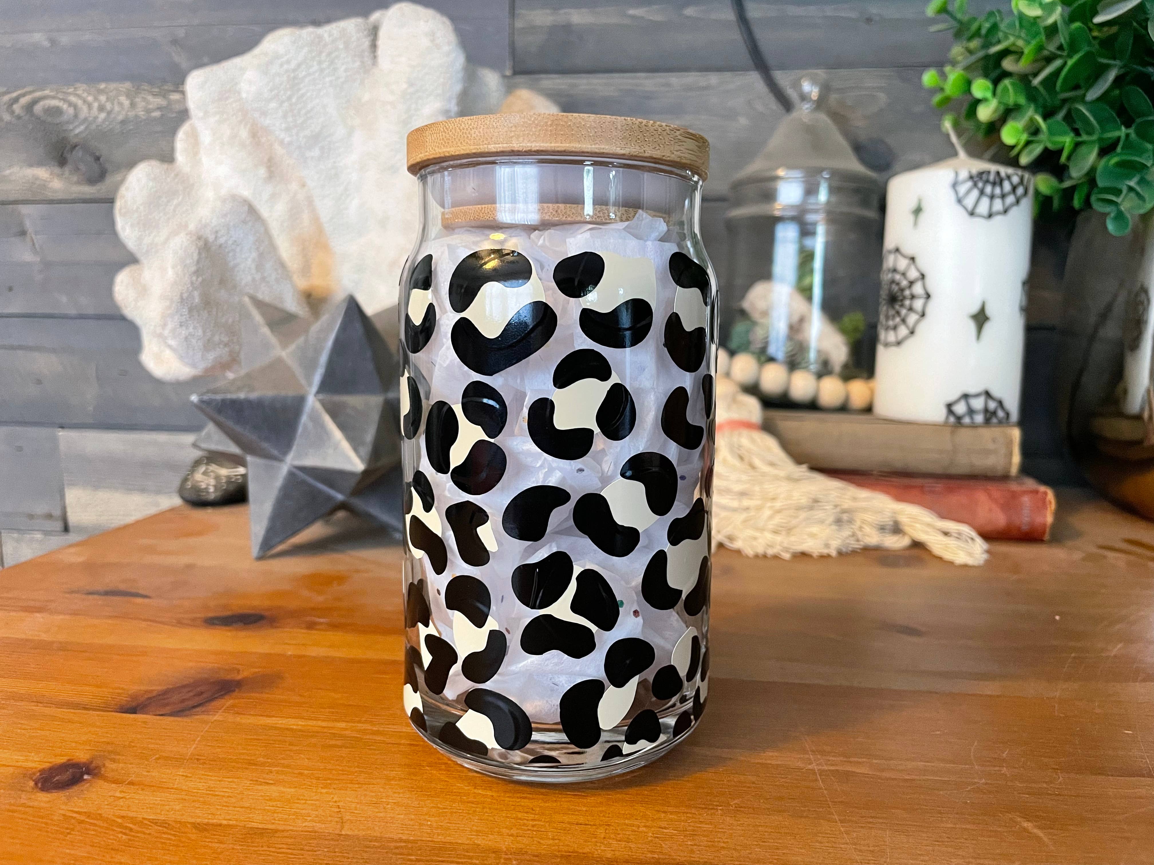 Mickee Mariee - Wholesale Drinking Glass/Cup - Cheetah Leopard Iced Coffee Cup - 16 or 20 oz Glass Beer Can