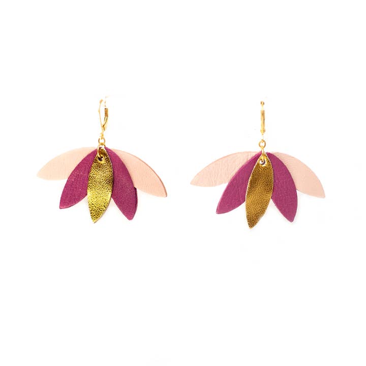 Palm Leaves Earrings – Gold, Plum, Salmon Pink Leather for wholesale by Chenoha Studio