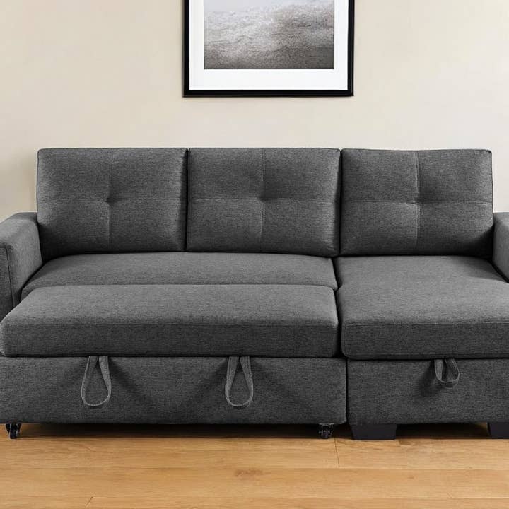 HomeRoots - Wholesale Sofa - 92" Dark Gray Polyester Blend Convertible Futon Sleeper Sofa0