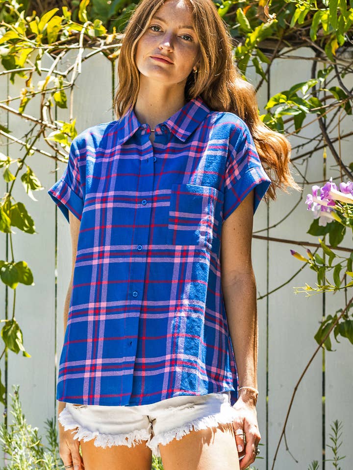 Short Sleeve Plaid Button Down Shirt for wholesale by En Crème