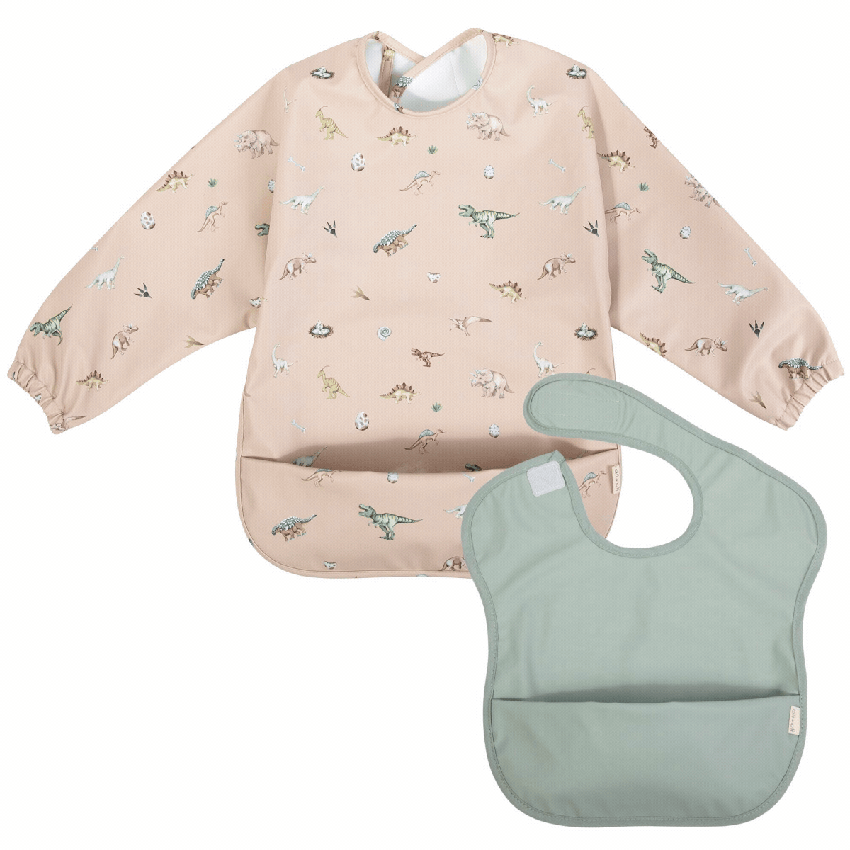 Ali+Oli - Wholesale Baby Bib - Baby - Smock Bib (2-pc) Long & Short Sleeve Set (Dino-Mint)
