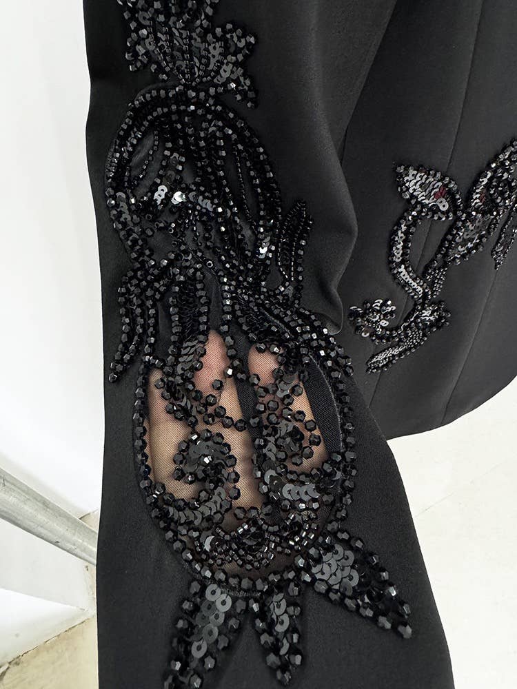 Black 4Y Mesh Stitching Beaded Suit Jacket with Chiffon Trousers for wholesale on Faire8