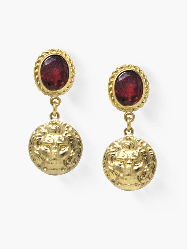 The Lion Gold-plated Garnet Earrings for wholesale by Vintouch Jewels
