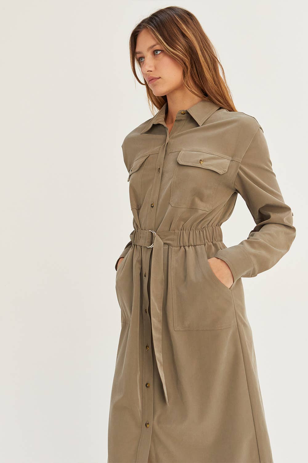 OLIVE CD8031 - Kayla Button Up Utility Midi dress for wholesale on Faire7