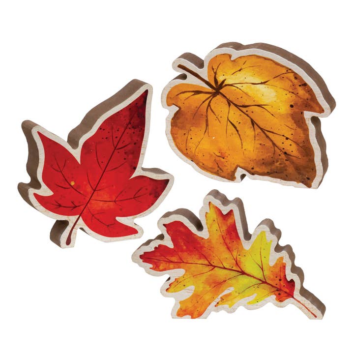 The Hearthside Collection - Wholesale Decorative Tabletop Object - Chunky Wood Fall Leaf Sitter, 3 Assorted
