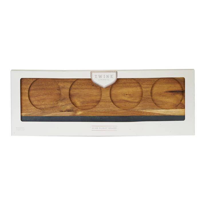 Twine - Wholesale Beer/Wine Caddy - Acacia & Slate 4-Glass Wine Flight Board - Includes Chalk