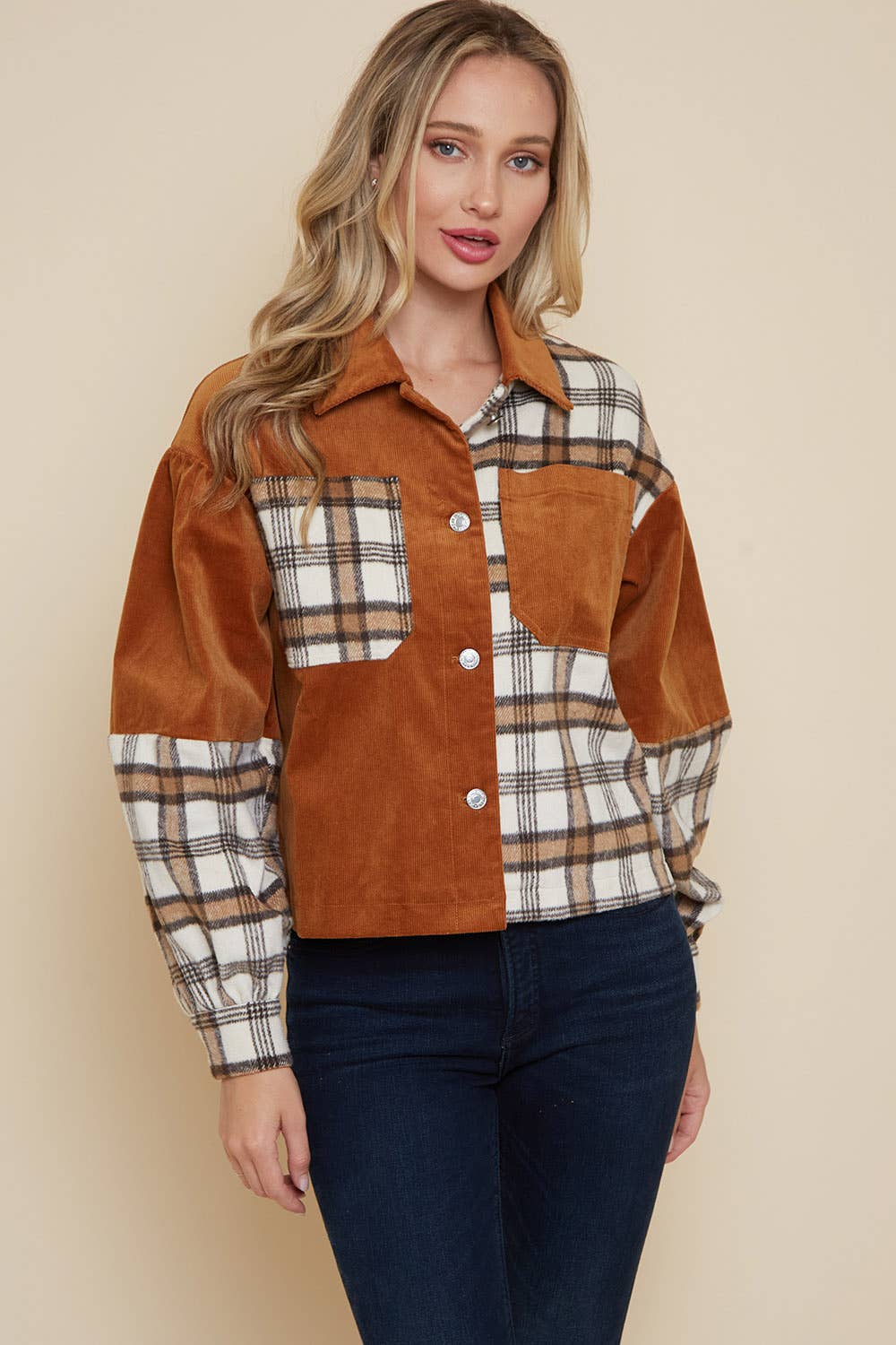 Saints & Hearts - Vente Veste-chemise – femme - VESTE MIXTE À CARREAUX ET VELOURS CÔTELÉ CAMEL SIJ5190A1