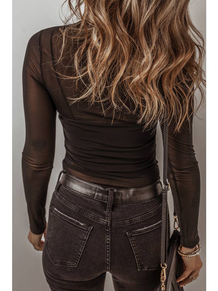Black Solid Mesh Long Sleeve Bodysuit for wholesale on Faire