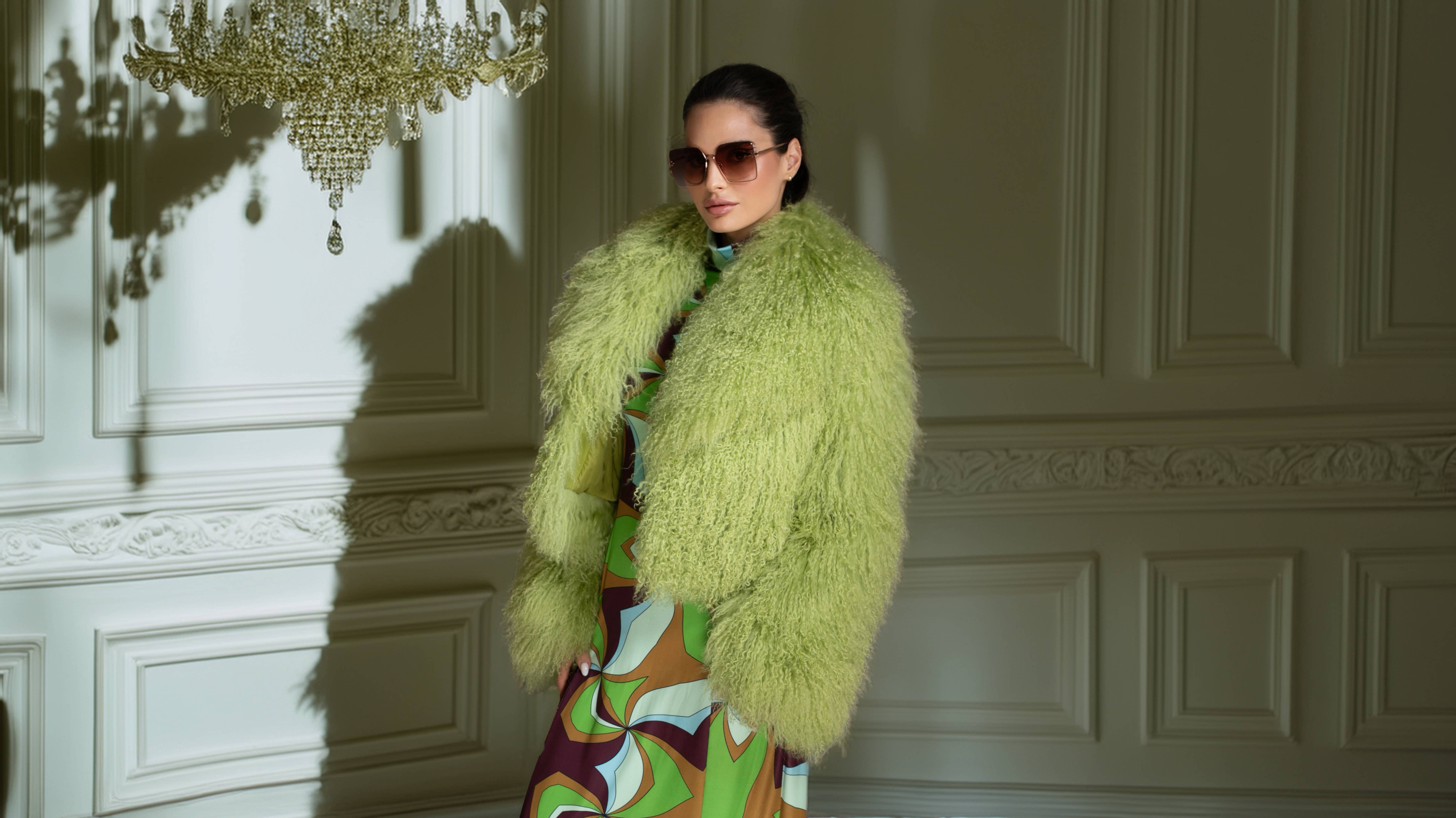 Nuvula - Vente Manteau en fourrure/fausse fourrure – femme - Manteau en laine tondue mongole verte2