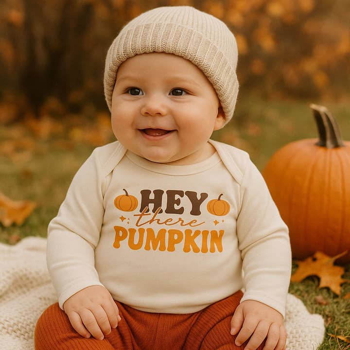 Fall graphic organic onesie| hey there pumpkin (long sleeve) for wholesale by Finn + Emma