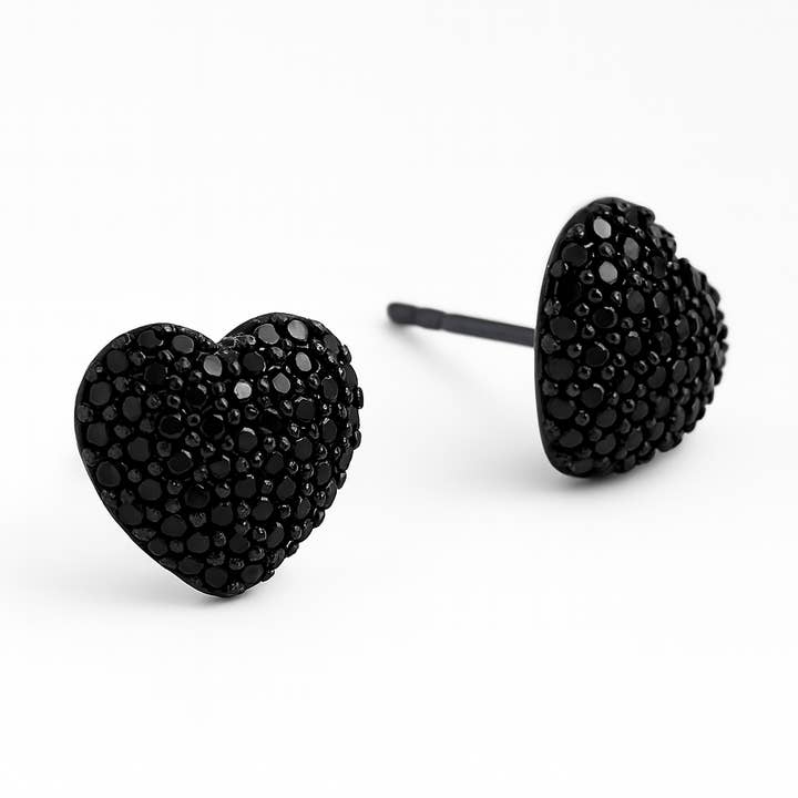 Zwarte Hart Stud Oorbellen, 1 cm (0,39”), Zwart Rhodium Verguld voor wholesale door Sedy Jewelry
