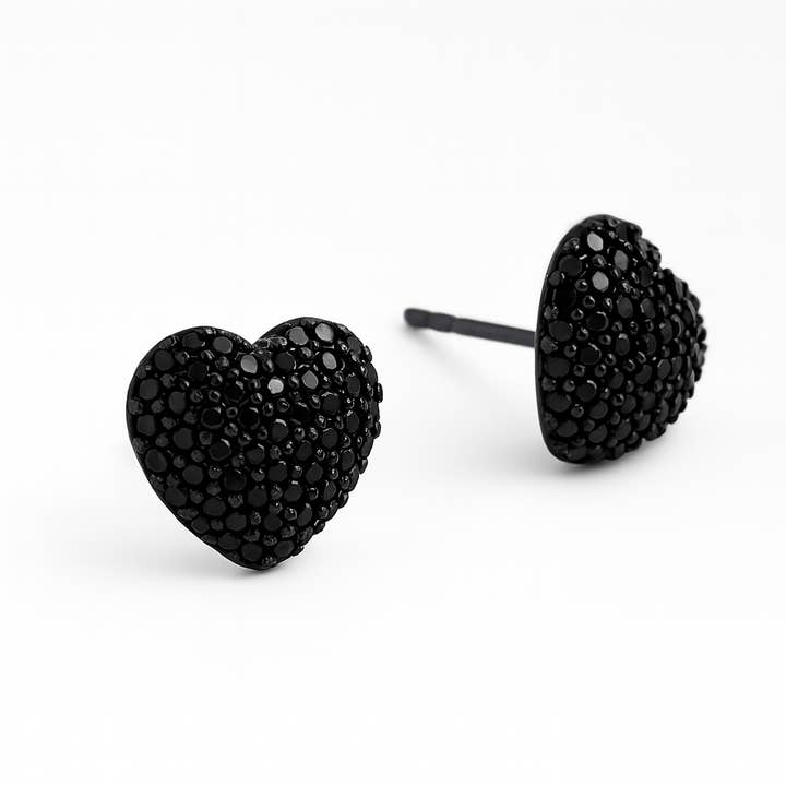 Black Heart Stud Earrings, 1cm (0.39”), Black Rhodium Plated for wholesale by Sedy Jewelry