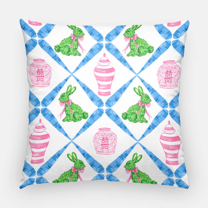 Boxwood Bunnies Chinoiserie 20"x20" Pillow Cover, Blue for wholesale by Taylor Beach Design