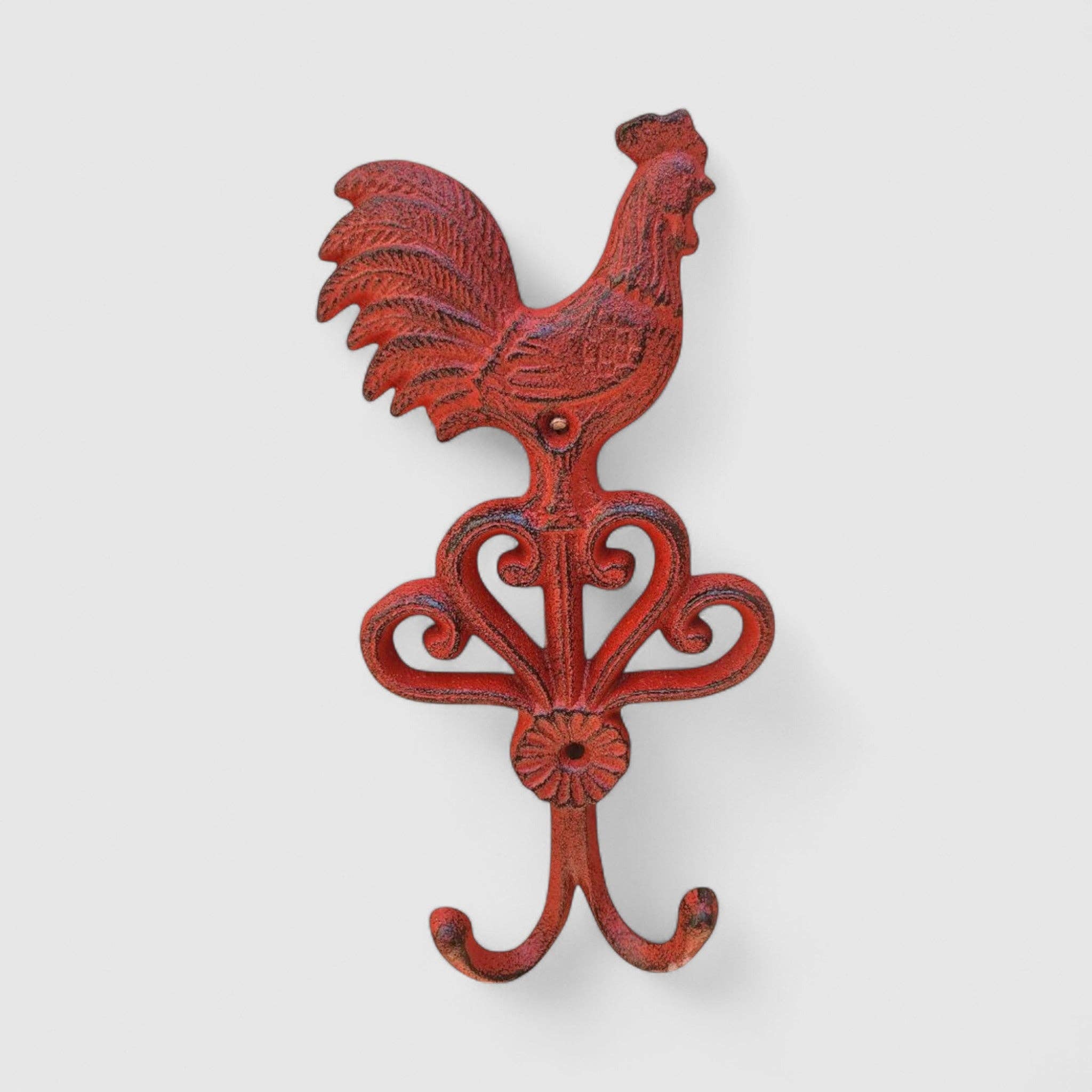 Iron & Blossom – wholesale Wall hook – Red Cast Iron Rooster Hook, Colorful Country Kitchen Accent1