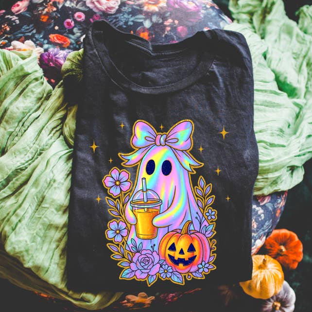 Faux Iridescent Ghost with Pumpkin Sweatshirts & T-Shirts for wholesale by Trendy Chic Apparel LLC