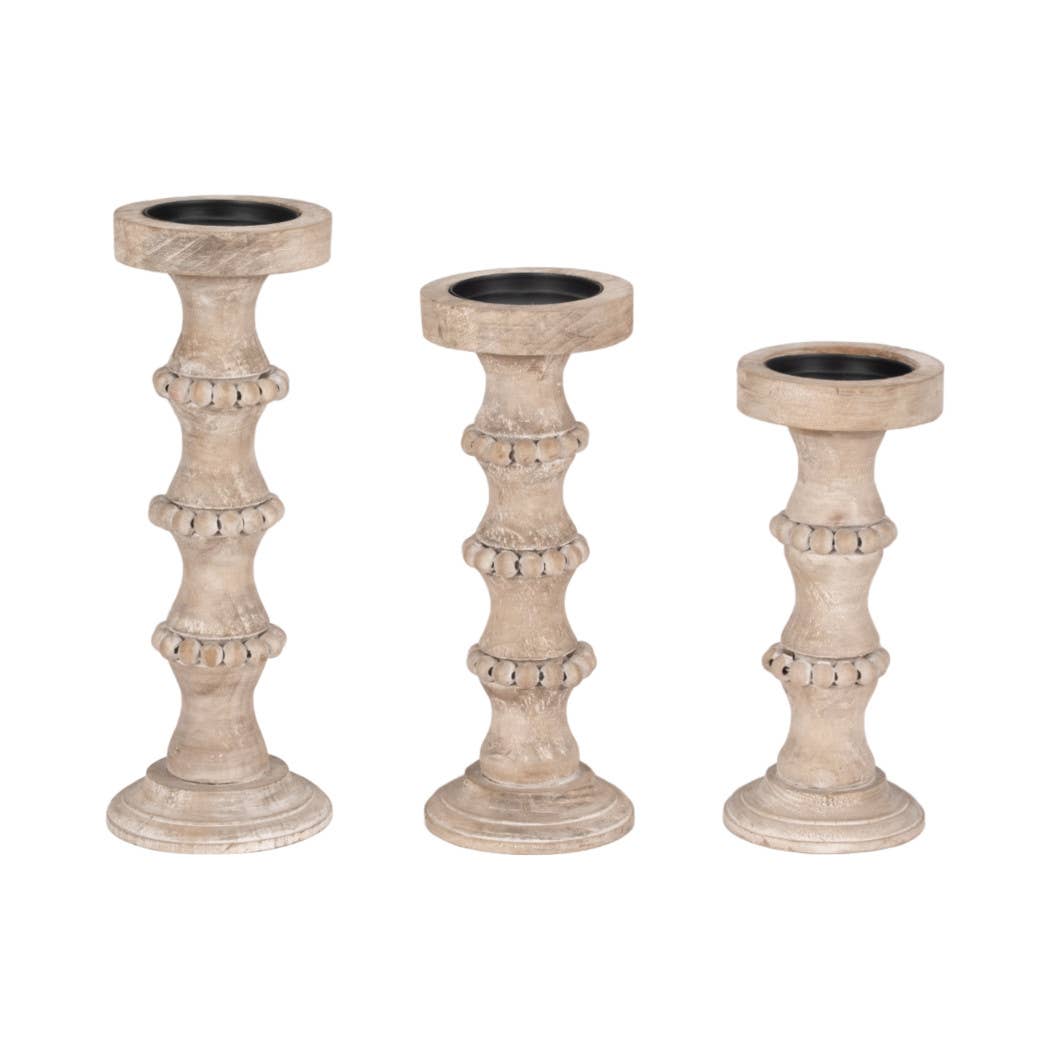 Sagebrook Home - Venta al por mayor Candelabros - Portavelas de Pilar de Madera con Detalles de Cuentas - Marfil, 33 cm.10