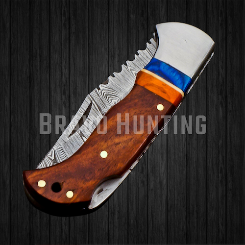 Bravohandicrafts – wholesale Pocket knife/holder – 6.5" Damascus Steel Folding Pocket Knife Handmade Sheath3