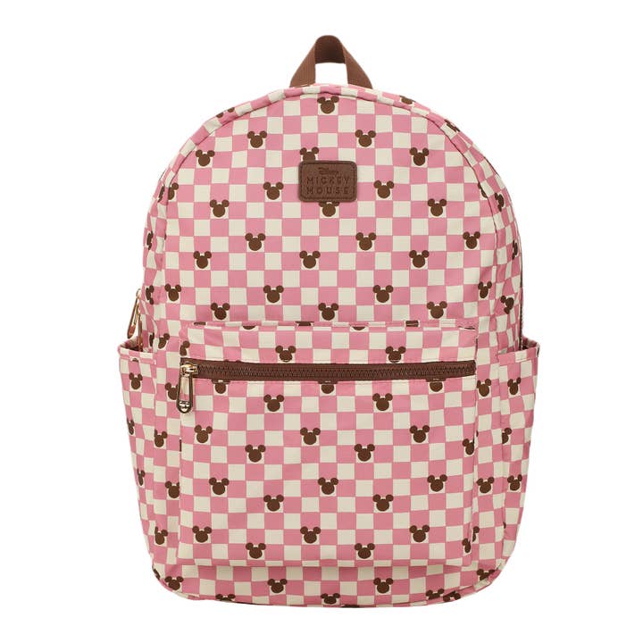 Disney Mickey Mouse Adult Pink Checkered 16.5" Travel Backpack for wholesale by Bioworld Merchandising