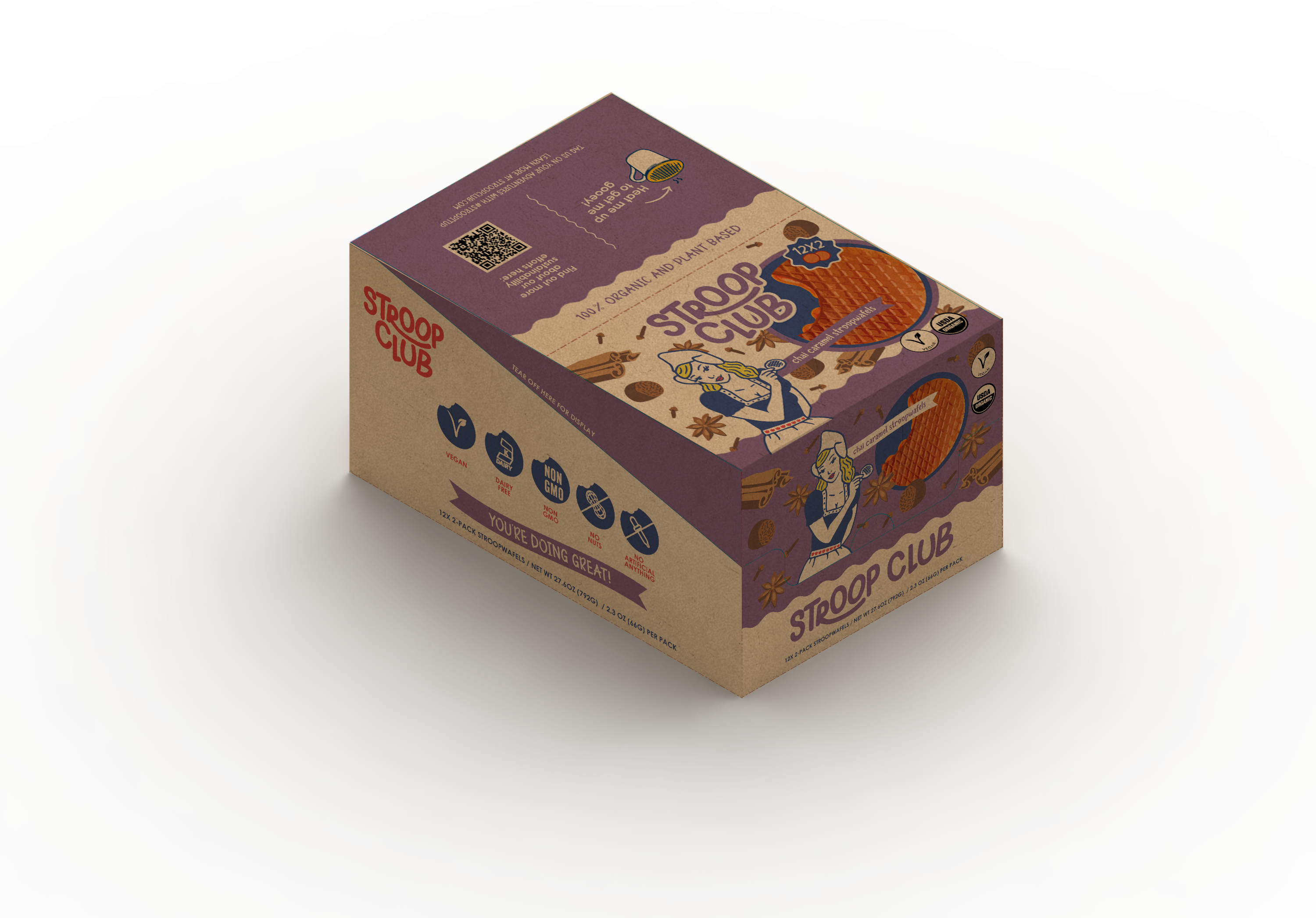 Stroop Club - Venta al por mayor Galletas - Stroopwafel orgánico de chai con caramelo y base vegetal, presentados en paquetes de 23