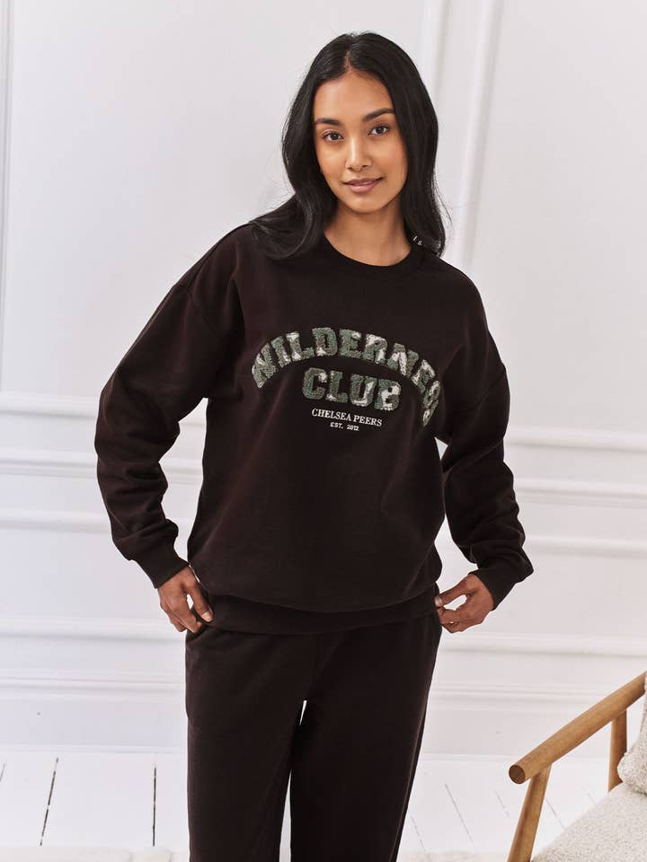 Organic Cotton Varsity Embroidered Wilderness Club Sweatshirt - Brown for wholesale by Chelsea Peers