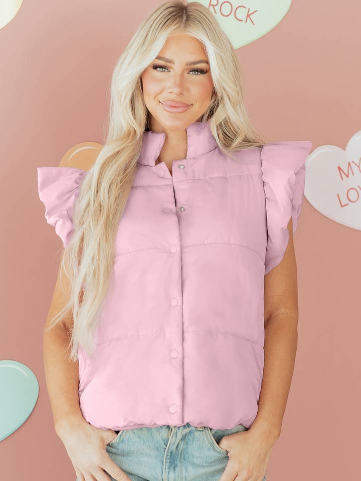 Solid Flutter Sleeve Snap Button Puffer Vest for wholesale by PRETTY BASH