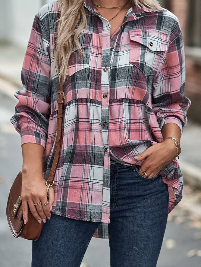 UNISHE - Wholesale Buttoned-down shirt – Women's - Plaid Open Button Flowy Shirts ZZKF0979