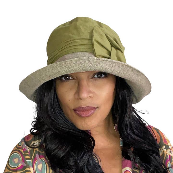 Olive Green Rustic Downton Style Romantic Summer Hat, Linen for wholesale by Peak & Brim Hats