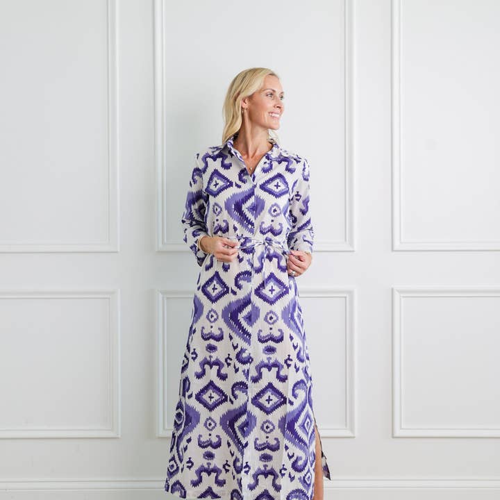 Ikat Very Peri Long Button Down Dress for wholesale by Pomegranate Inc