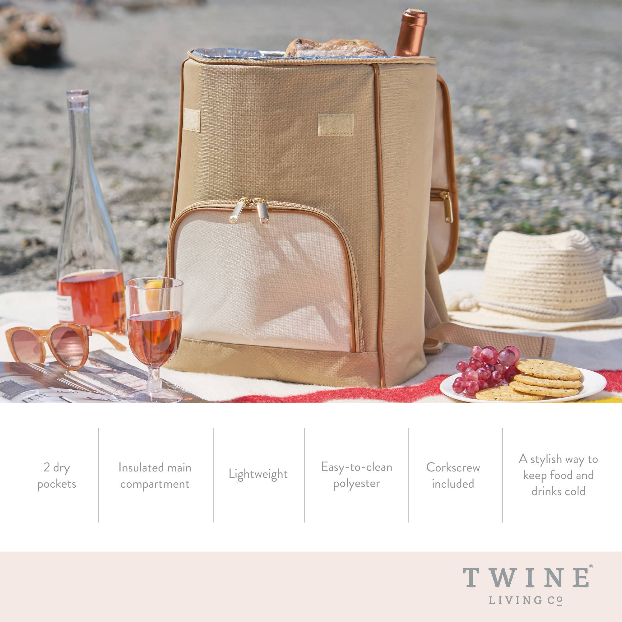 Twine - Wholesale Wine Tote - Insulated Wine Cooler Backpack w/ Corkscrew in Beige3