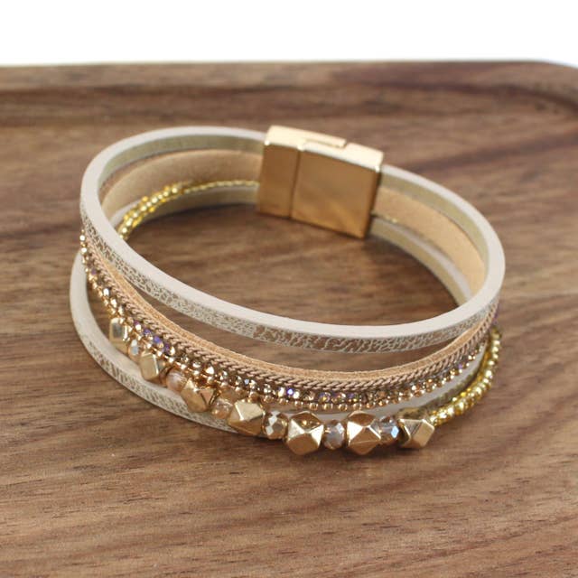 Pretty Persuasions - Wholesale Bangle Bracelet - B22073 Stud Bead Decor PU Leather Wrap Bracelet1