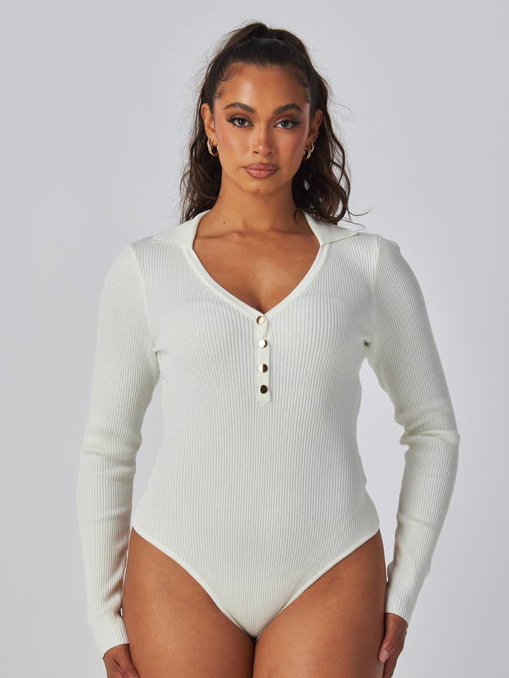 Zelia Collared V Neck Knit Bodysuit (HT8812) for wholesale by Hot & Delicious