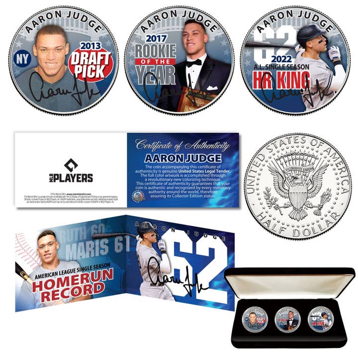 Set di monete Aaron Judge 62 Home Run Record Jfk Kennedy da mezzo dollaro da 3 dollari con scatola e certificato - Spedizione veloce gratuita negli Stati Uniti per la vendita all'ingrosso da parte di The Merrick Mint