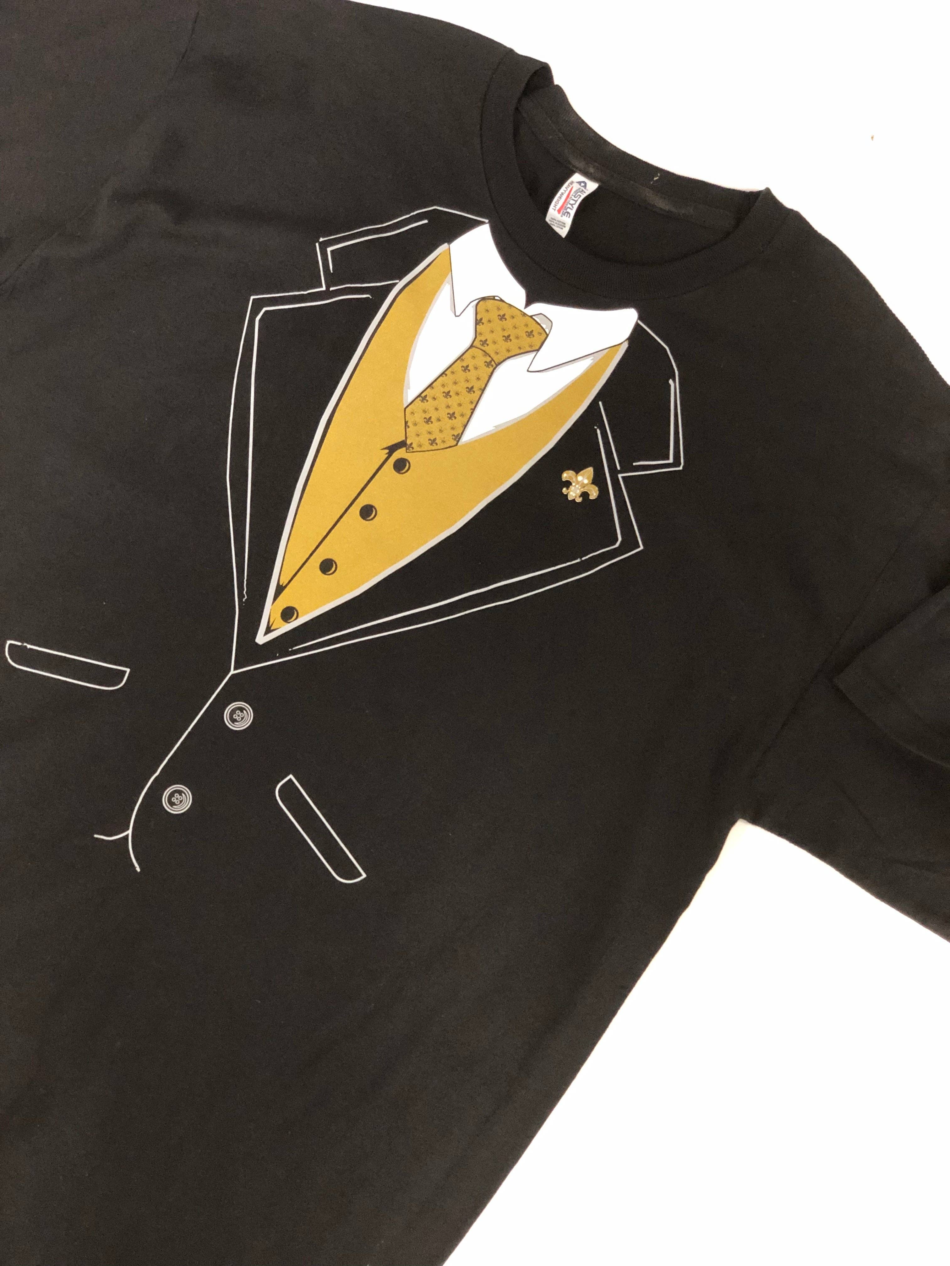 Mardi Gras Creations – wholesale Screen printed t-shirt – unisex – Black & Gold Tuxedo T-Shirt2