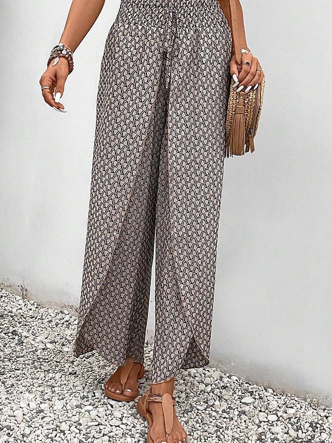 UNISHE – Großhandel Hose – Damen – Bedruckte Hose mit Schlitz und hoher Taille und weitem Bein AXR09913