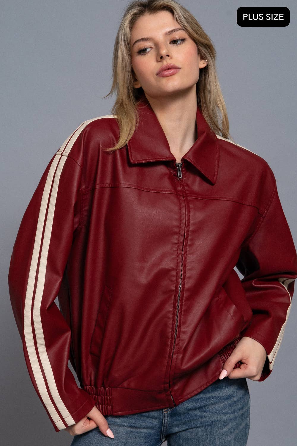 Active Basic | Active USA - Wholesale Leather Jacket - Women's - [PLUS SIZE] Long Sleeve Line Detail Faux Leather Jacket8