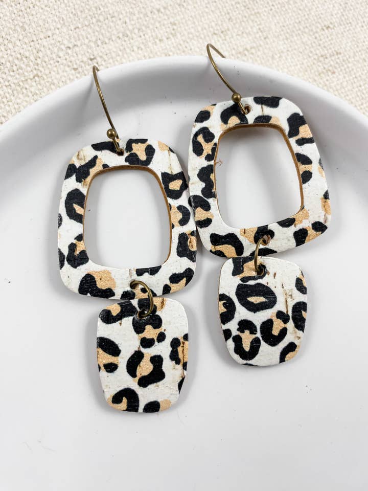 White Cheetah Drops | leather trendy leopard print earrings for wholesale by Anabelle+Oak