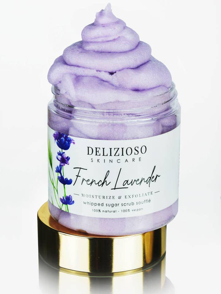 French Lavender Whipped Sugar Scrub Soufflé for wholesale by Delizioso Skincare Inc.