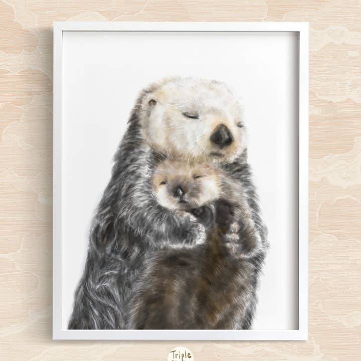 Triple Studio - Vente Affiche d'art - Impression artistique maman et bébé Loutre de mer | Décoration murale Ocean Nursery