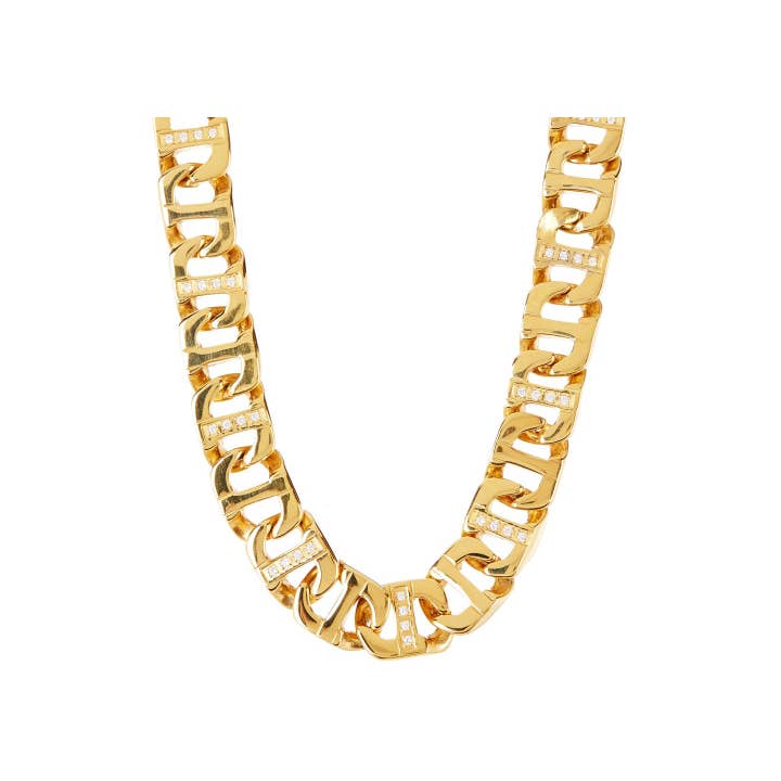 Men's Gold Stainless Steel Anchor Link Chain Necklace With Cubic Zirconia for wholesale by Blackjack Mens Jewelry