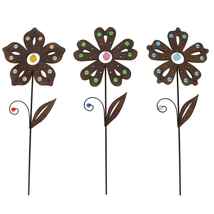 Set of 3 Rustic Brown Metal Flower Jeweled Garden Stakes for wholesale by Zeckos