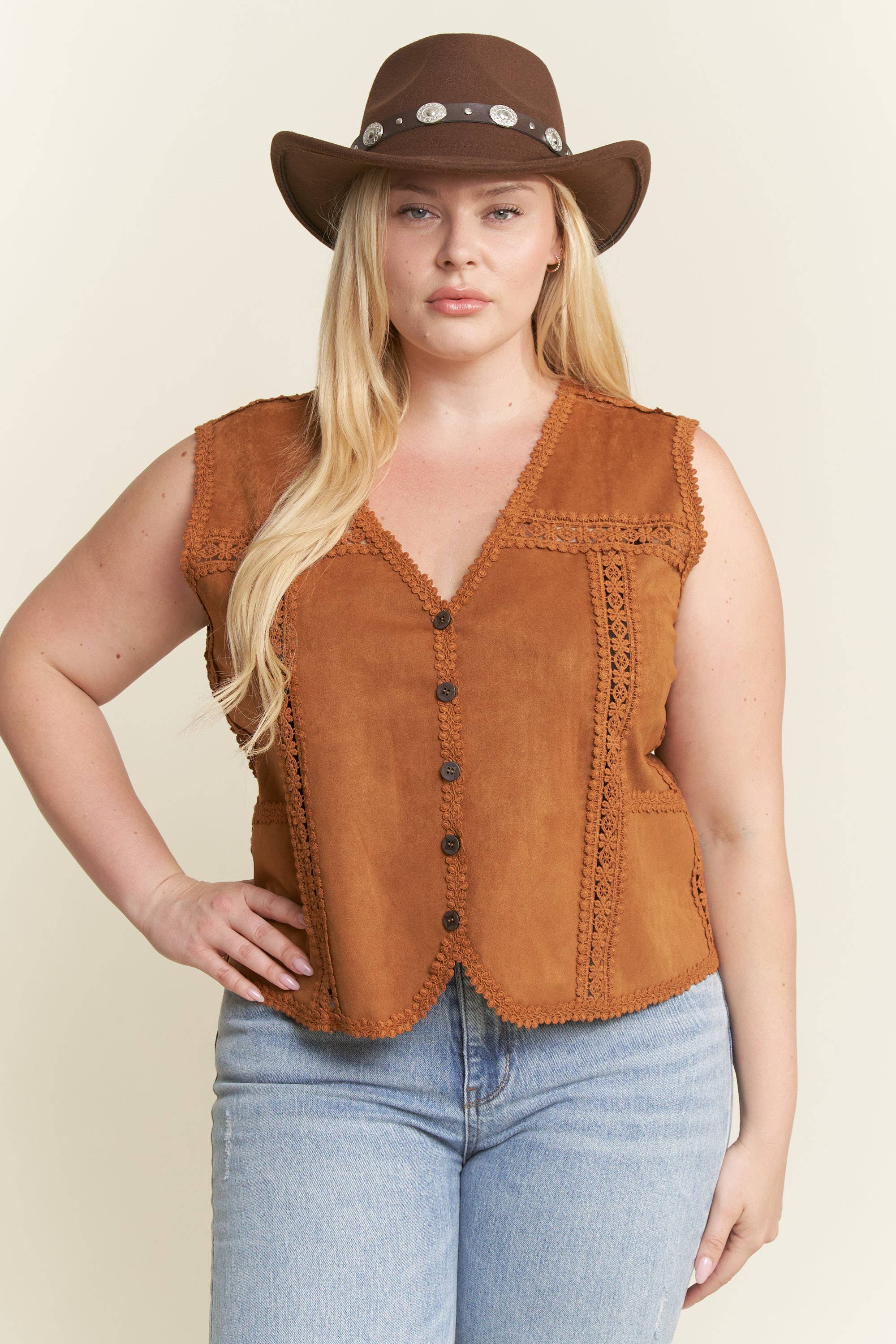 JADE BY JANE PLUS - Wholesale Outerwear Vest - Women's - PLUS SIZE SUEDE VEST WITH LACE TRIM8