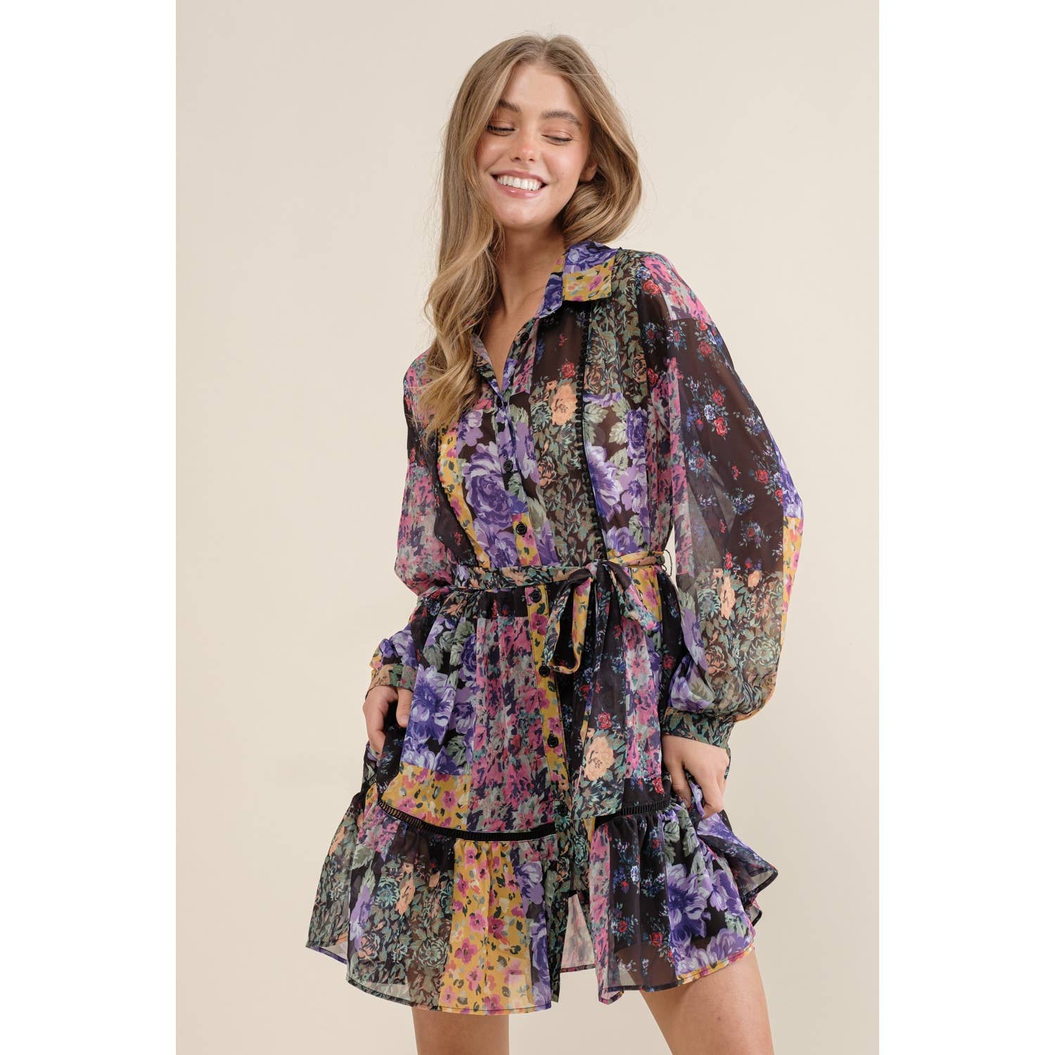 Sweet Generis – wholesale Dress – Women's – FLOWER PRINT LONG SLEEVE SHIRT DRESS9