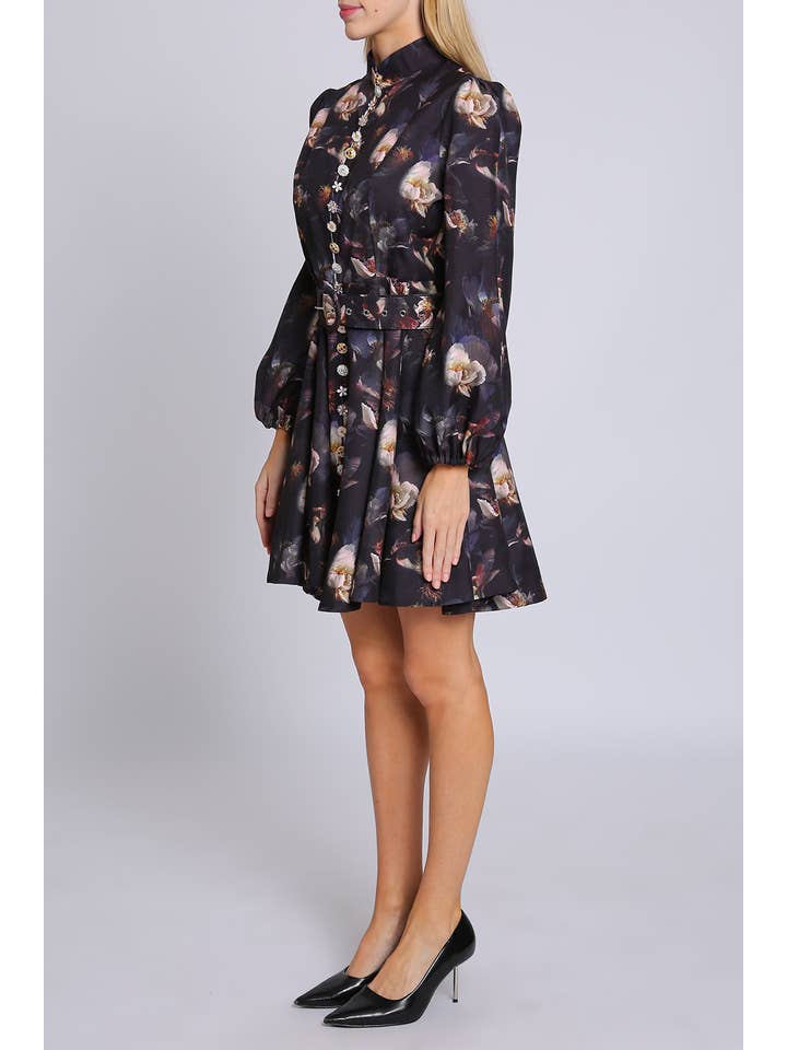 Black Floral Print Embellished Front Belted Mini Dress PC3542 for wholesale on Faire