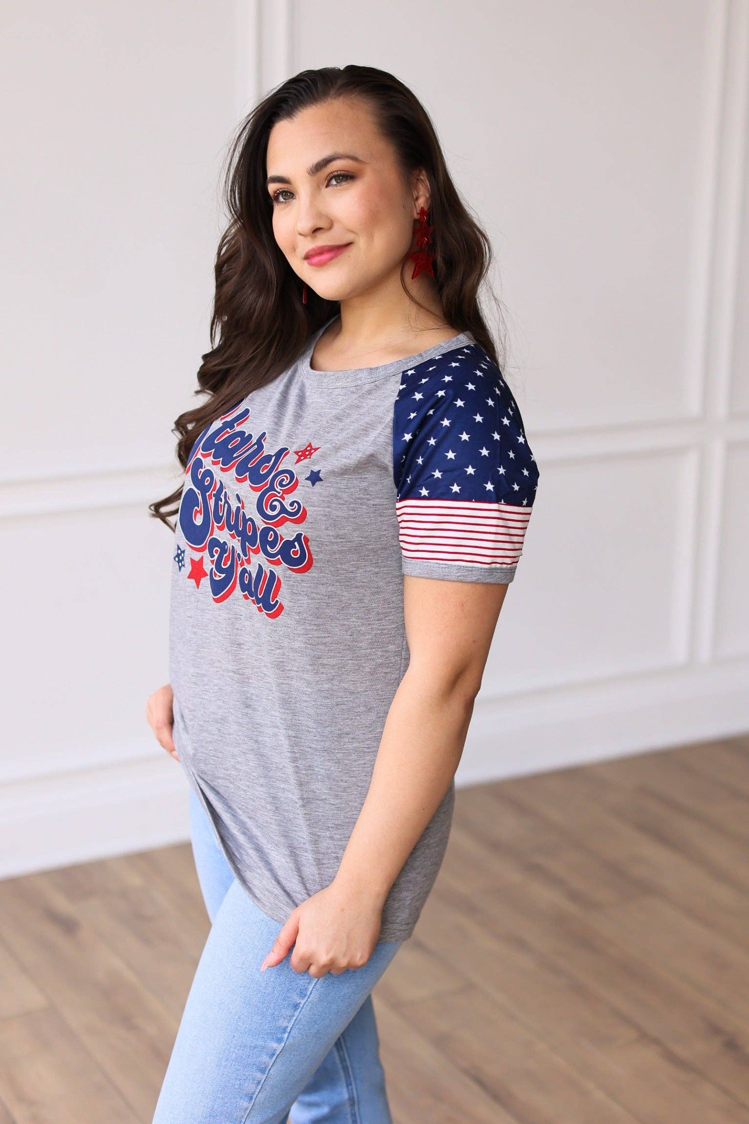 Mix Pattern Stars & Stripes Y'all Raglan Tee for wholesale on Faire1
