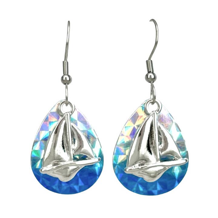 Boucles d'oreilles bleues en argent pour voilier, leurre de pêche, bijoux nautiques pour la vente par Eye Catching Jewelry