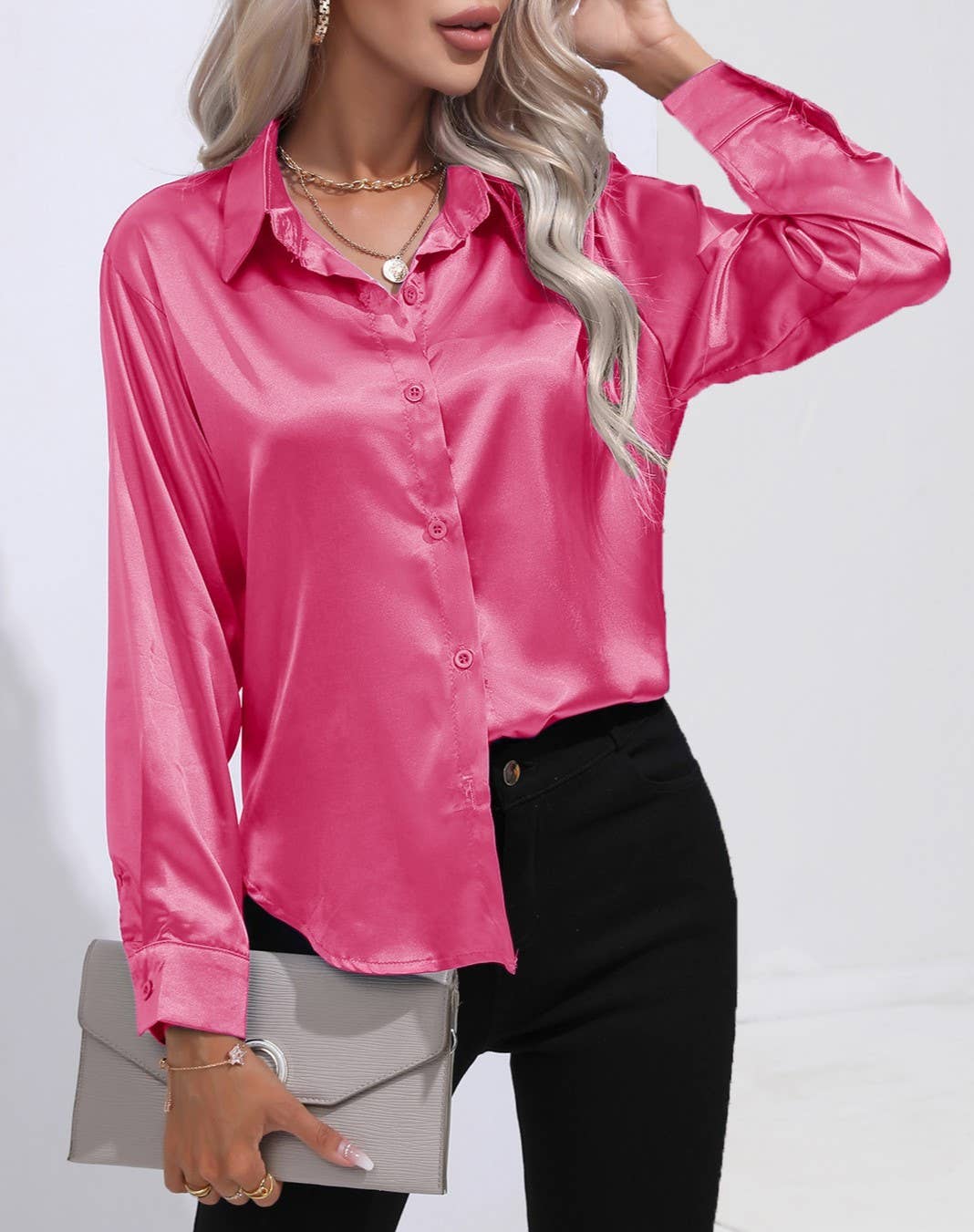 HIDDENBRAND - Wholesale Button Down Shirt - Women's - Satin Faux Silk Long-Sleeved Shirt47