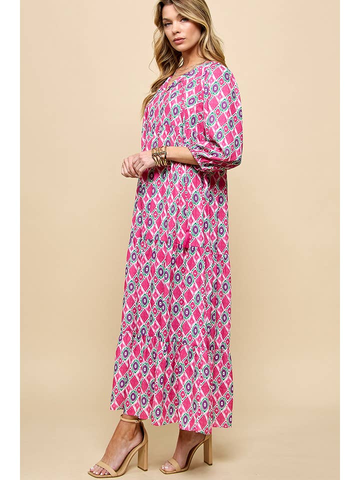 Cezele - Wholesale Dress - Women's - 3/4 Lantern Sleeve Print Boho Maxi Dress14