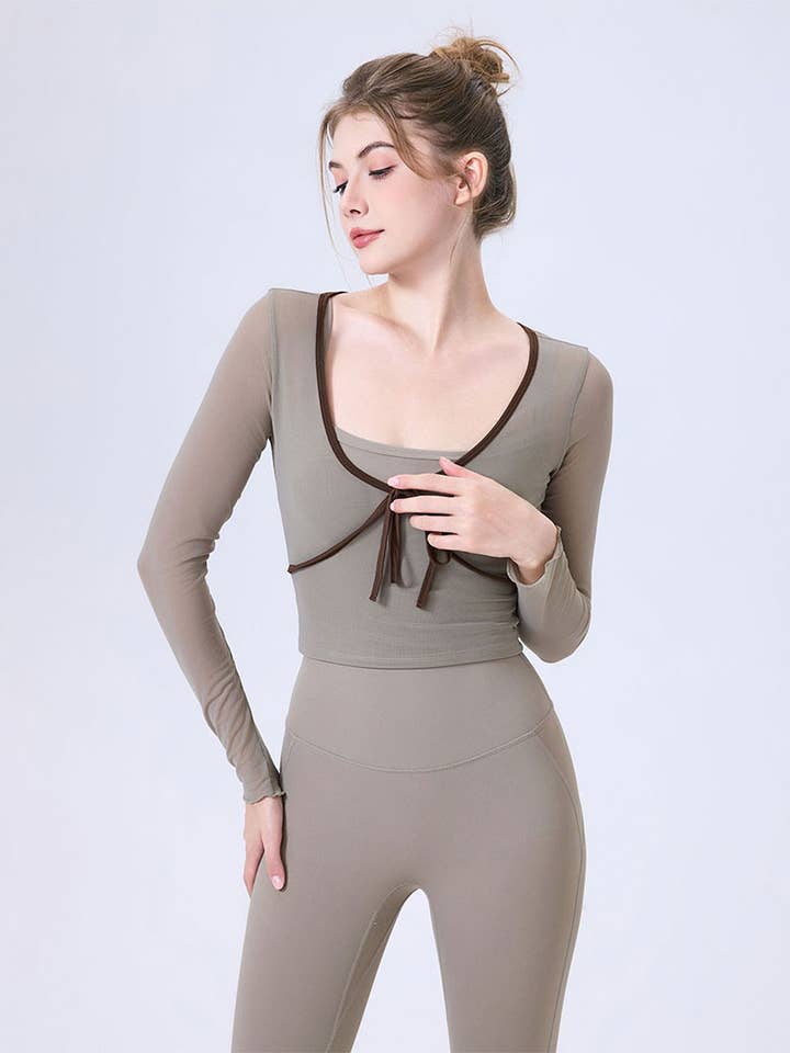 Crave by FW - Wholesale Athletic Top - Women's - Faux Two Piece Long Sleeve Mesh Crop Top Tie Yoga T-Shirts13