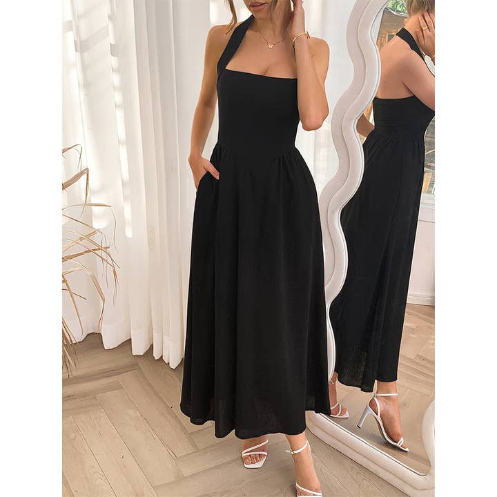 UNISHE - Wholesale Dress - Women's - Vacation Style Halter Neck Waist-Tie Maxi Dress DY3721