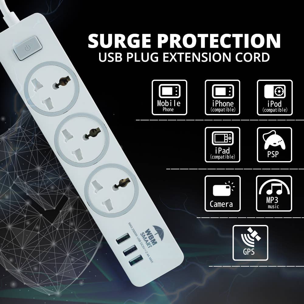 WBM LLC - Wholesale Power Adapter - WBM Smart USB Plug Extension Cord, 3 AC & 3 USB Sockets4